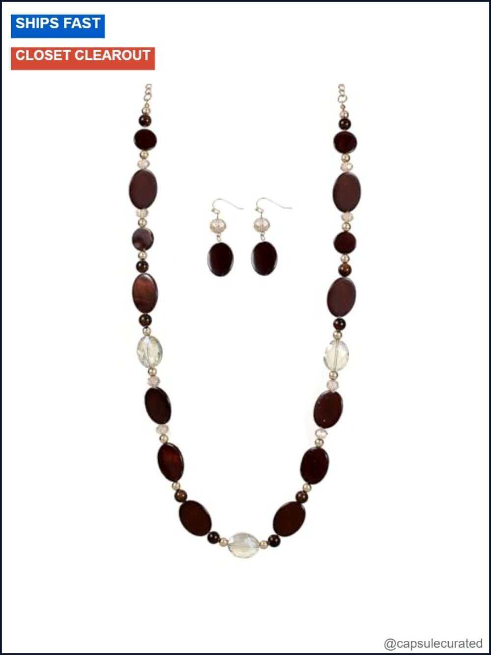 36-Inch Glass Crystal Sweater Chain Necklace and Earrings Set